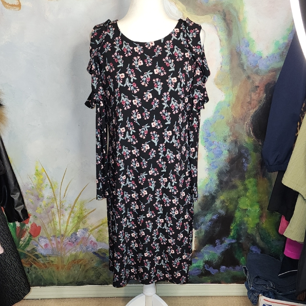 Versona Pink and Black Cold Shoulder Midi Sundress